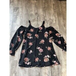 Mittoshop Long Sleeve Cold Shoulder Black Floral Blouse Top Small